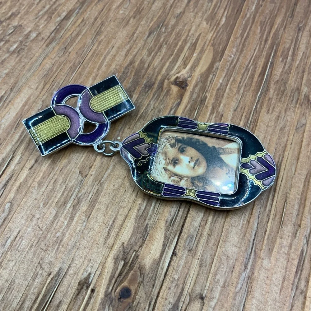 LMC Art Deco Revival Style Vintage Purple Black Gold Enamel Frame Brooch
